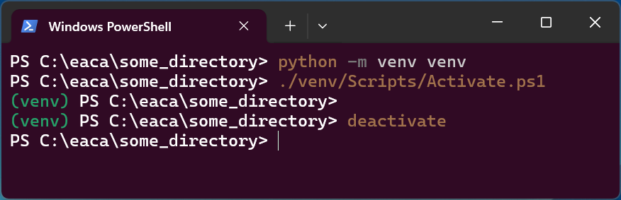 Virtual environment activation example in PowerShell